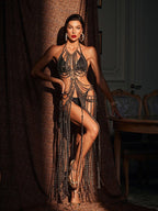 Halter Neck Multi-Layer Chain Fringe Bikini Cover-Up Set