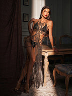 Halter Neck Multi-Layer Chain Fringe Bikini Cover-Up Set