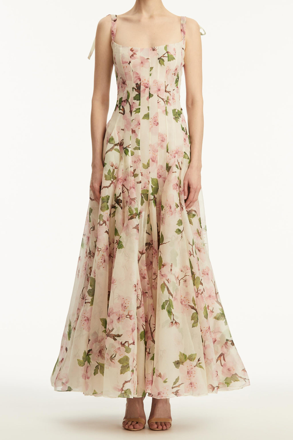 Botanical Fruit Floral Print Corset Bodice Spaghetti Strap Maxi Gown