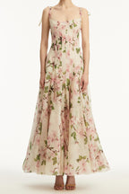 Botanical Fruit Floral Print Corset Bodice Spaghetti Strap Maxi Gown