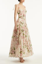Botanical Fruit Floral Print Corset Bodice Spaghetti Strap Maxi Gown