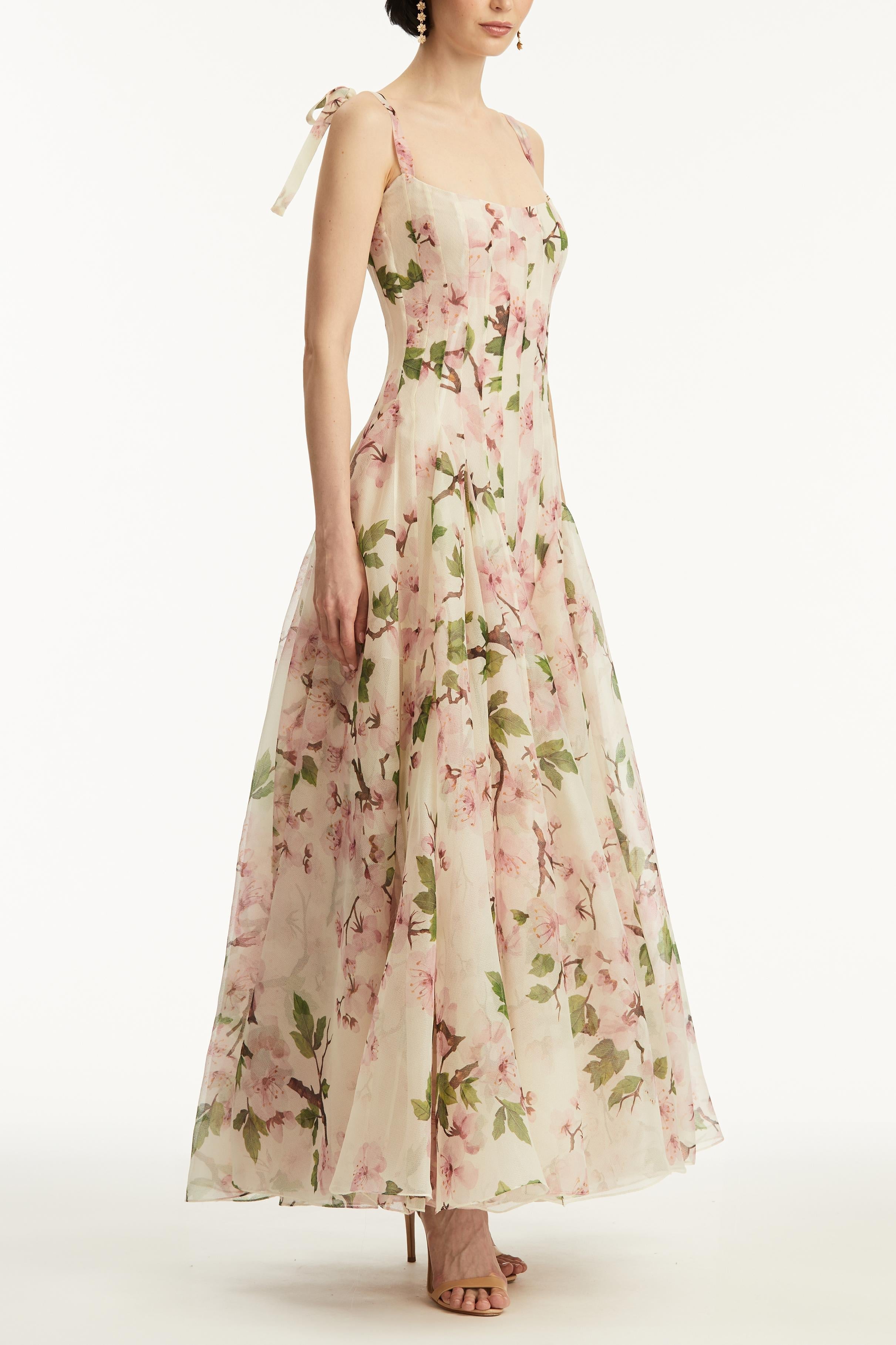 Botanical Fruit Floral Print Corset Bodice Spaghetti Strap Maxi Gown