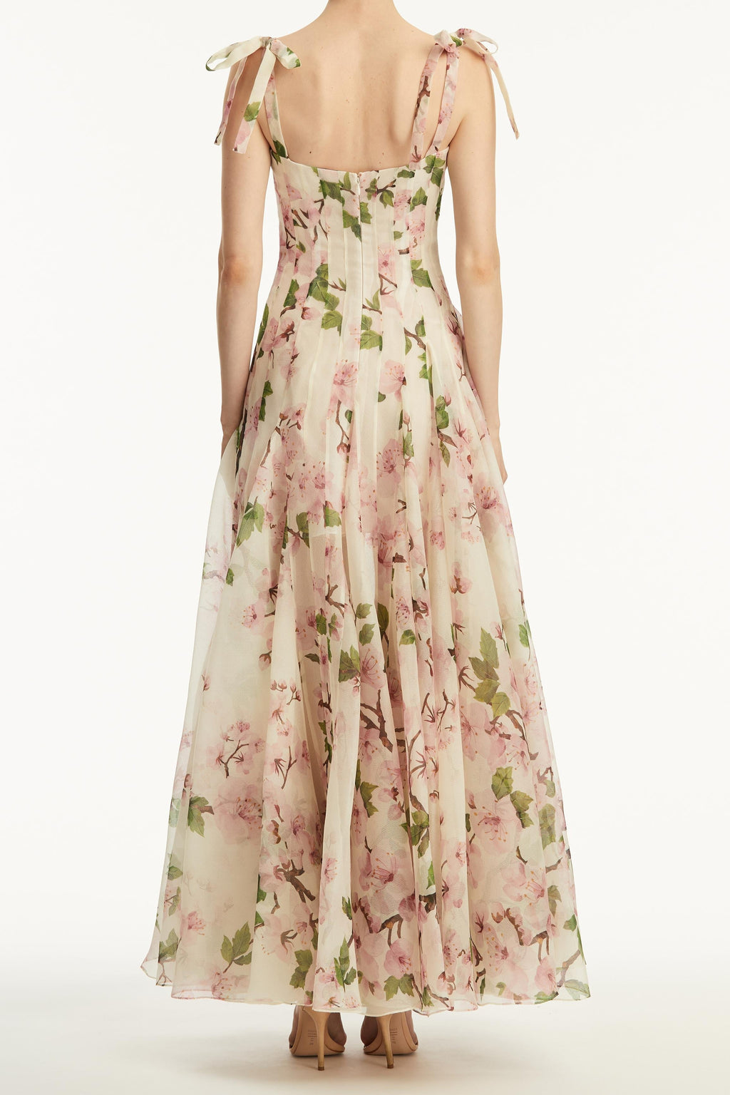 Botanical Fruit Floral Print Corset Bodice Spaghetti Strap Maxi Gown