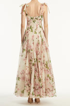 Botanical Fruit Floral Print Corset Bodice Spaghetti Strap Maxi Gown
