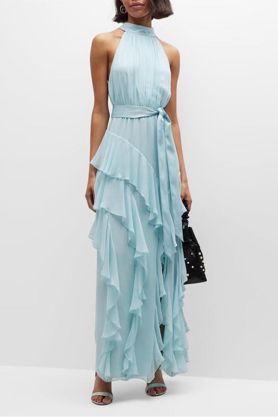 Halter Neck Pleated Bodice Sash Tie Tiered Ruffle High Slit Maxi Dress