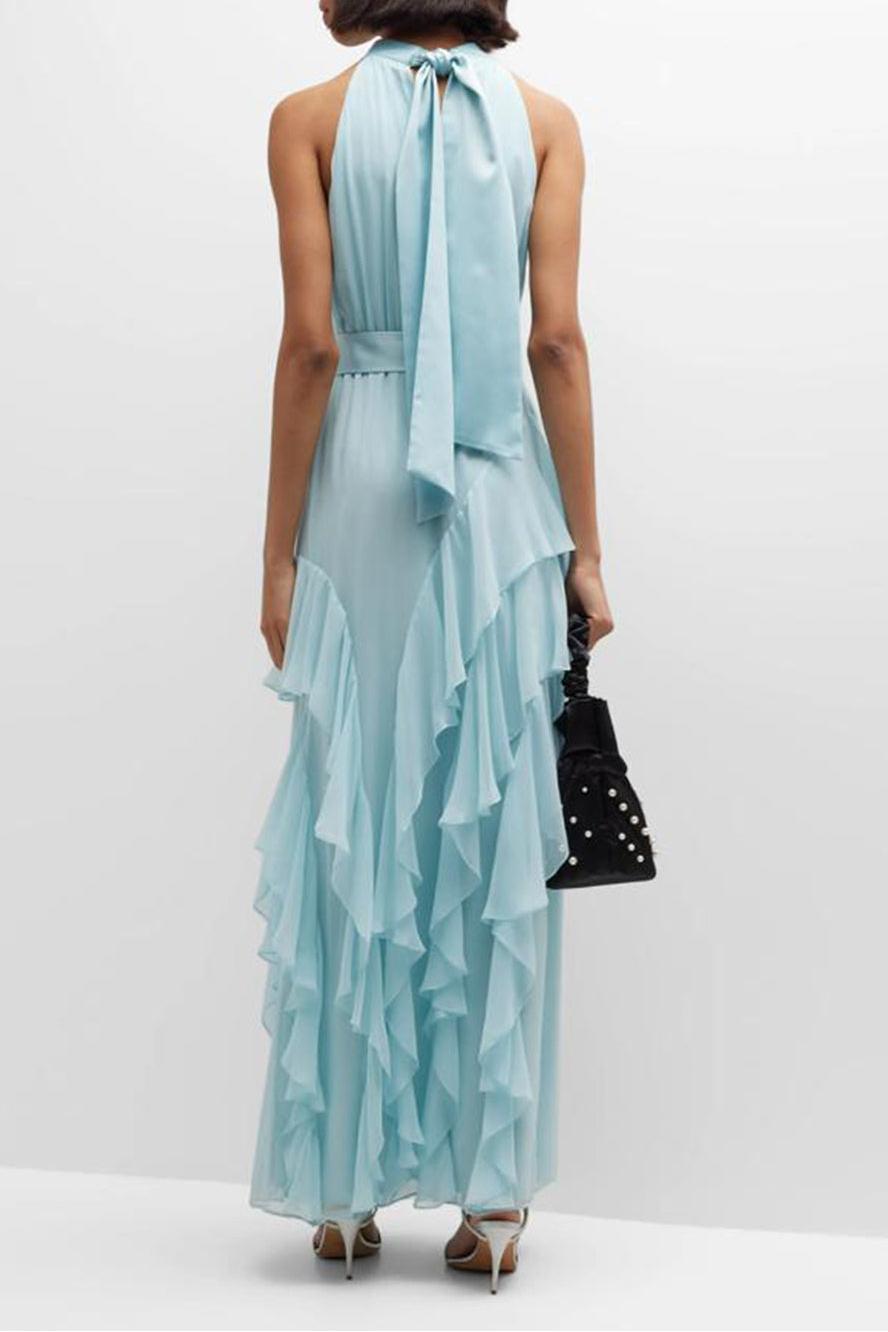 Halter Neck Pleated Bodice Sash Tie Tiered Ruffle High Slit Maxi Dress