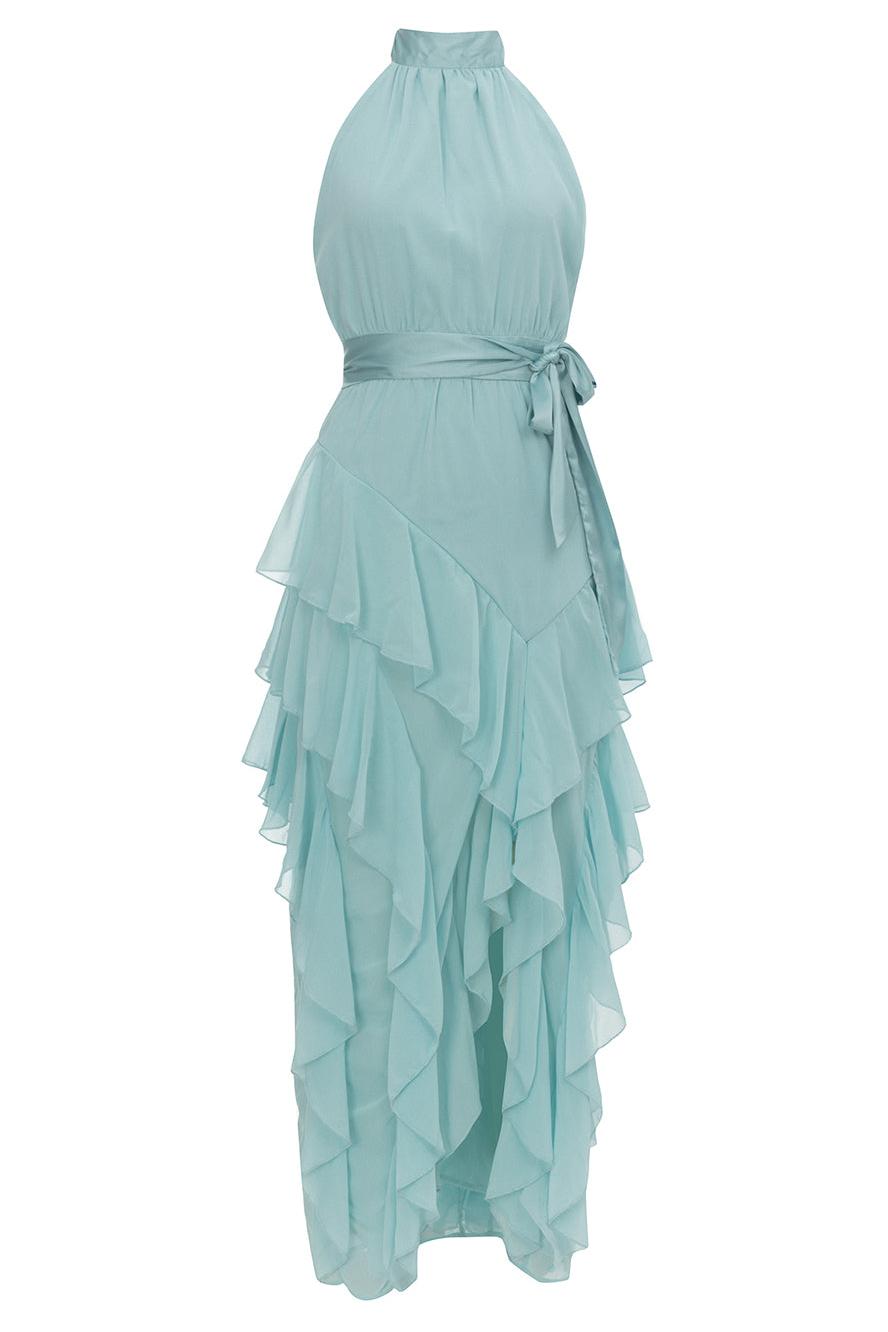 Halter Neck Pleated Bodice Sash Tie Tiered Ruffle High Slit Maxi Dress