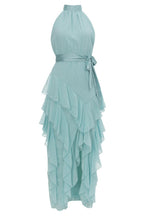 Halter Neck Pleated Bodice Sash Tie Tiered Ruffle High Slit Maxi Dress