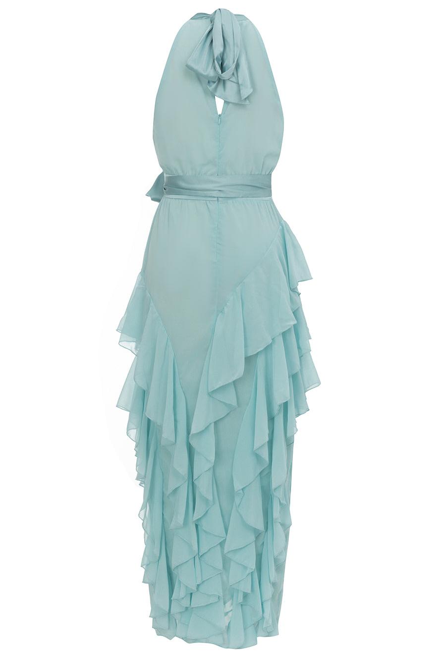 Halter Neck Pleated Bodice Sash Tie Tiered Ruffle High Slit Maxi Dress
