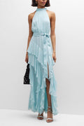 Halter Neck Pleated Bodice Sash Tie Tiered Ruffle High Slit Maxi Dress
