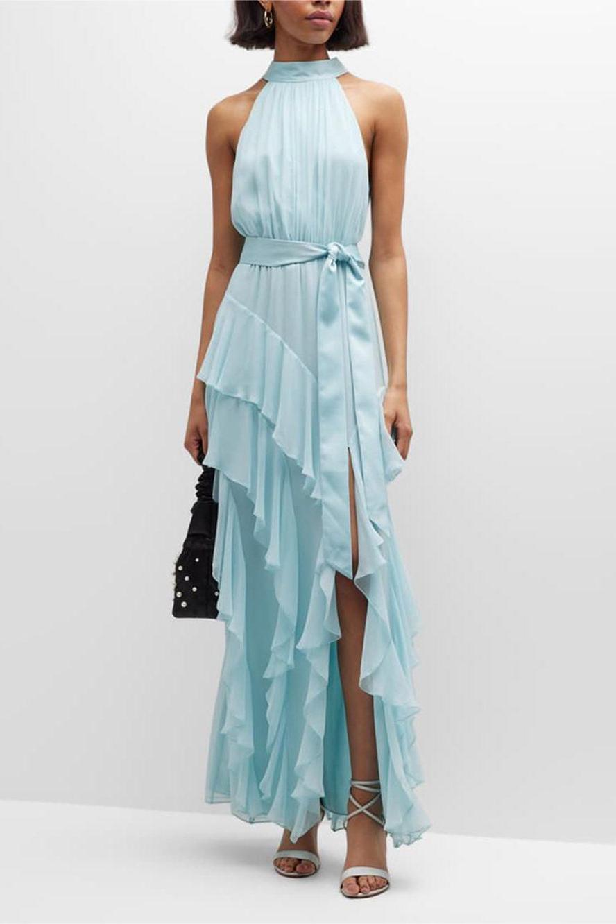 Halter Neck Pleated Bodice Sash Tie Tiered Ruffle High Slit Maxi Dress