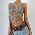 Halter layered metal chain hollow out backless cut out top  | Festival Outfits Women