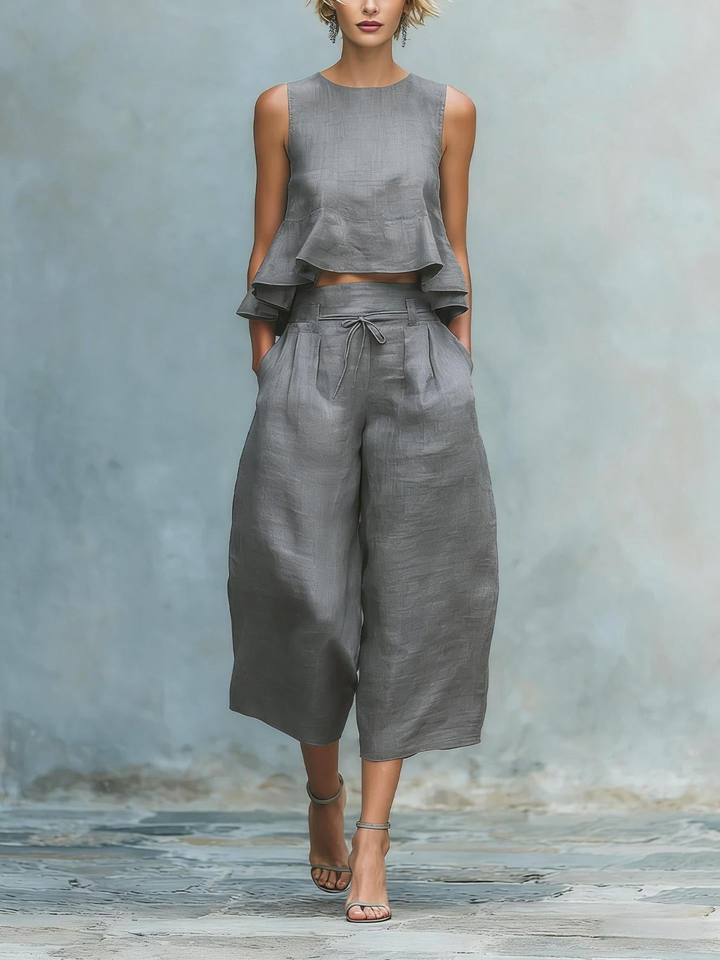 Pleated Solid Color Two-piece Set