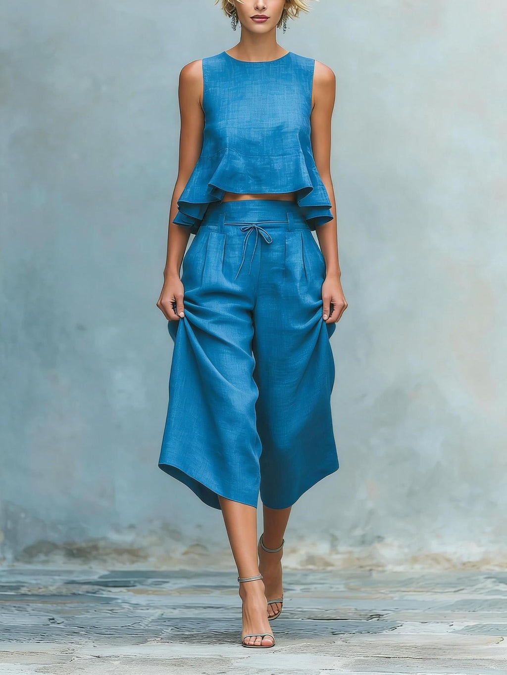 Pleated Solid Color Two-piece Set