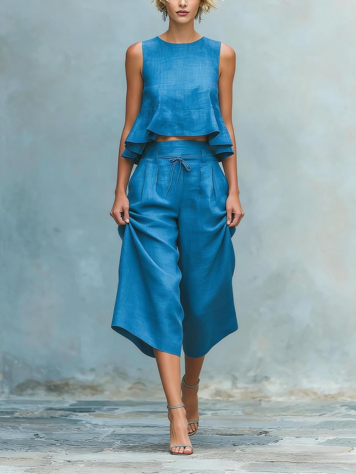 Pleated Solid Color Two-piece Set