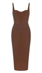 Waist-Tightening Corset Midi Dress in Brown