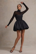 Mock Neck Sheer Mesh Long Sleeve Corset Bodice Bubble Skirt Set
