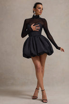 Mock Neck Sheer Mesh Long Sleeve Corset Bodice Bubble Skirt Set