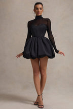 Mock Neck Sheer Mesh Long Sleeve Corset Bodice Bubble Skirt Set