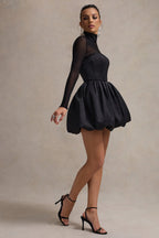 Mock Neck Sheer Mesh Long Sleeve Corset Bodice Bubble Skirt Set