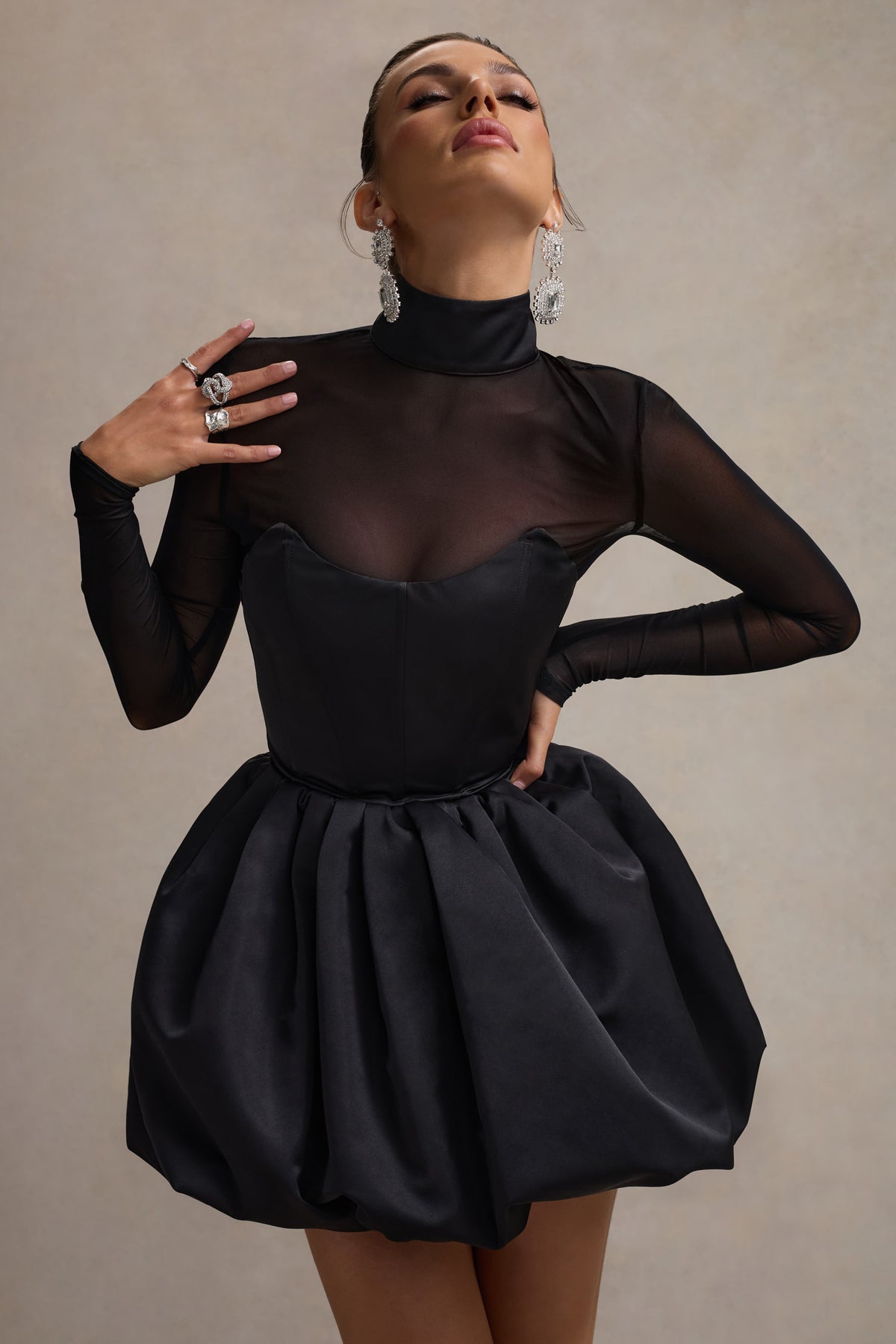Mock Neck Sheer Mesh Long Sleeve Corset Bodice Bubble Skirt Set