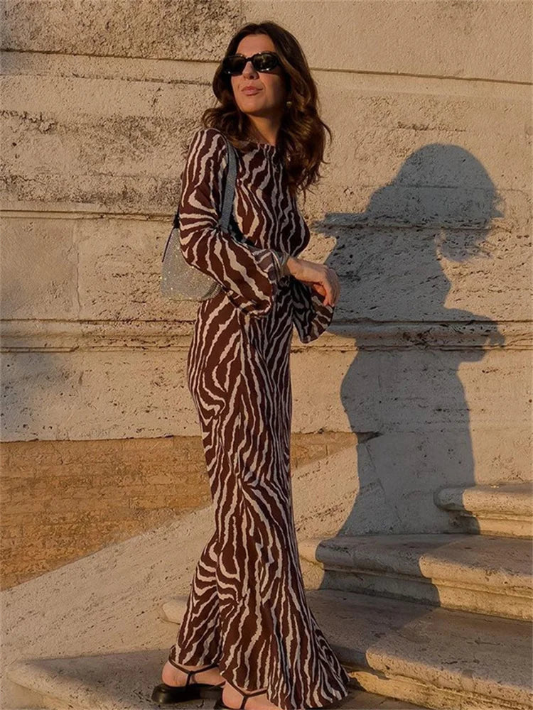 Long Sleeve Boat Neck Zebra Stripe Belted Bodycon Maxi Dress