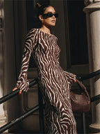 Long Sleeve Boat Neck Zebra Stripe Belted Bodycon Maxi Dress