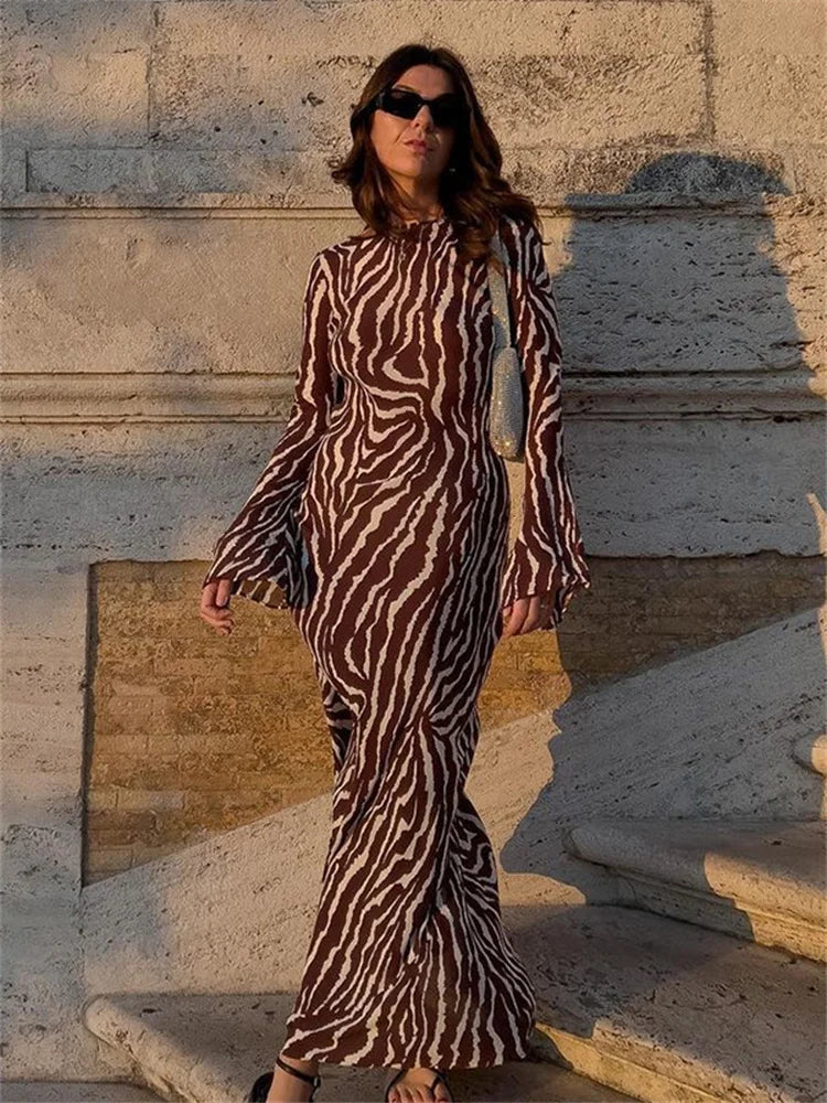 Long Sleeve Boat Neck Zebra Stripe Belted Bodycon Maxi Dress