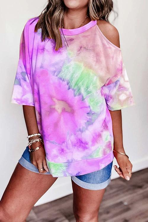 Cold Shoulder Short Sleeve Tie Dye T-shirt