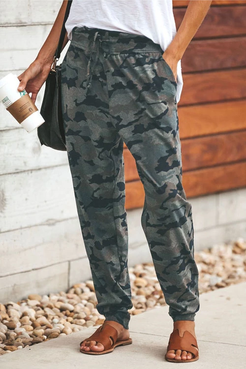 High Waist Drawstring Camo Casual Pants