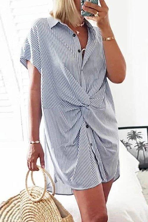 Short Sleeve Twist Knot Striped Shirt Dress