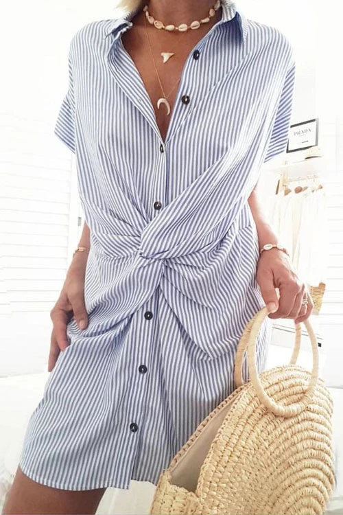 Short Sleeve Twist Knot Striped Shirt Dress