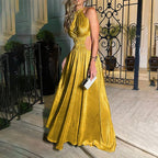 Metallic Pleated Halter Neck Ruffle Collar Side Cut Out Shirred Waist Maxi Dress