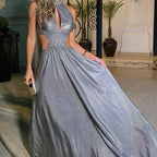 Metallic Pleated Halter Neck Ruffle Collar Side Cut Out Shirred Waist Maxi Dress