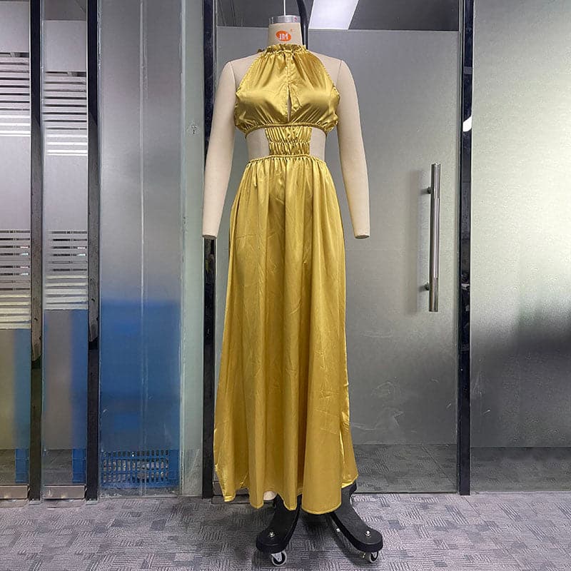 Metallic Pleated Halter Neck Ruffle Collar Side Cut Out Shirred Waist Maxi Dress