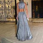 Metallic Pleated Halter Neck Ruffle Collar Side Cut Out Shirred Waist Maxi Dress
