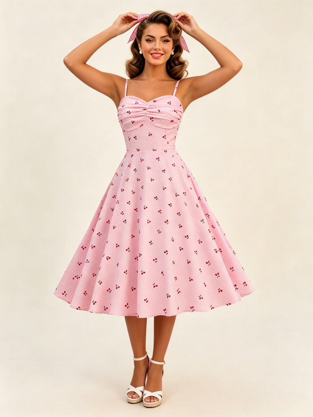 Pink Cherry Print Halter A Line Midi Dress For Women Sweet Summer