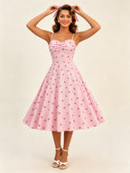 Pink Cherry Print Halter A Line Midi Dress For Women Sweet Summer