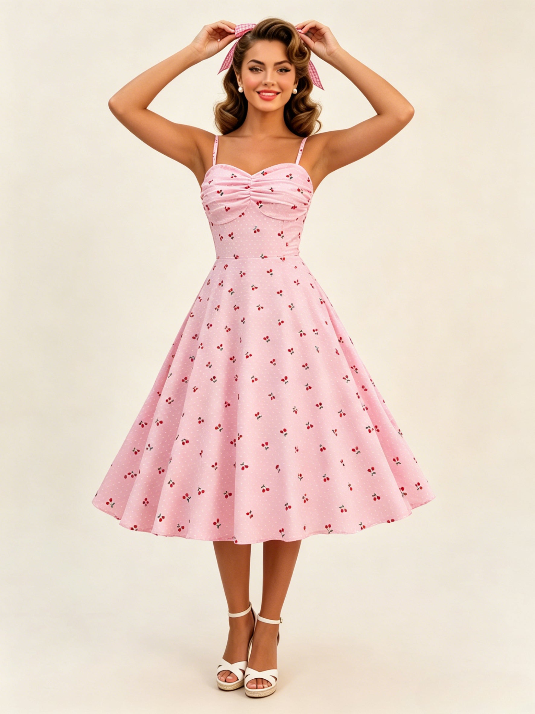 Pink Cherry Print Halter A Line Midi Dress For Women Sweet Summer