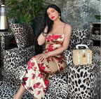 Alana Elevated Long Bodycon Dress with Rose Print Premium Wardrobe Essential