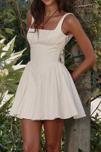 Wide Strap Scoop Back Tie Bow Long Sash Fit and Flare Mini Dress