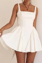 Wide Strap Scoop Back Tie Bow Long Sash Fit and Flare Mini Dress