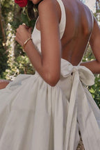 Wide Strap Scoop Back Tie Bow Long Sash Fit and Flare Mini Dress