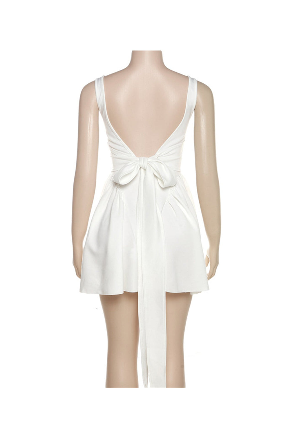 Wide Strap Scoop Back Tie Bow Long Sash Fit and Flare Mini Dress