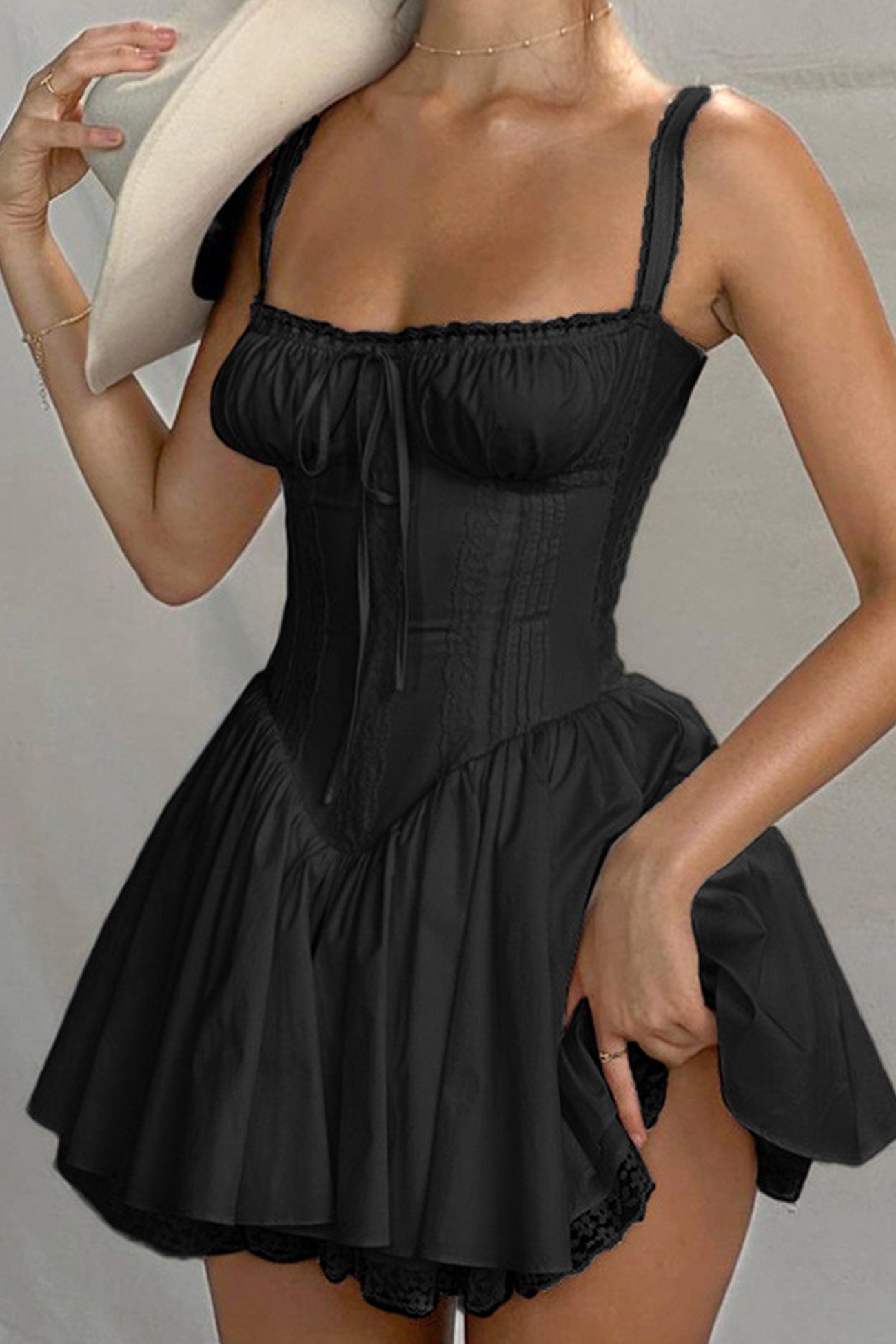Lace Trim Corset Bodice Ruffle Strap Tiered Ruffle Hem Mini Dress