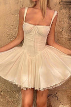 Lace Trim Corset Bodice Ruffle Strap Tiered Ruffle Hem Mini Dress