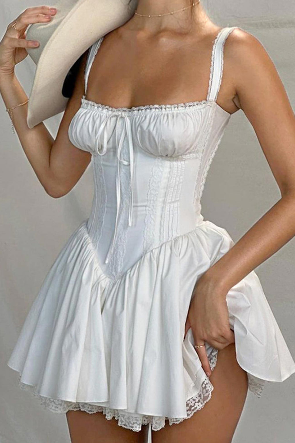 Lace Trim Corset Bodice Ruffle Strap Tiered Ruffle Hem Mini Dress