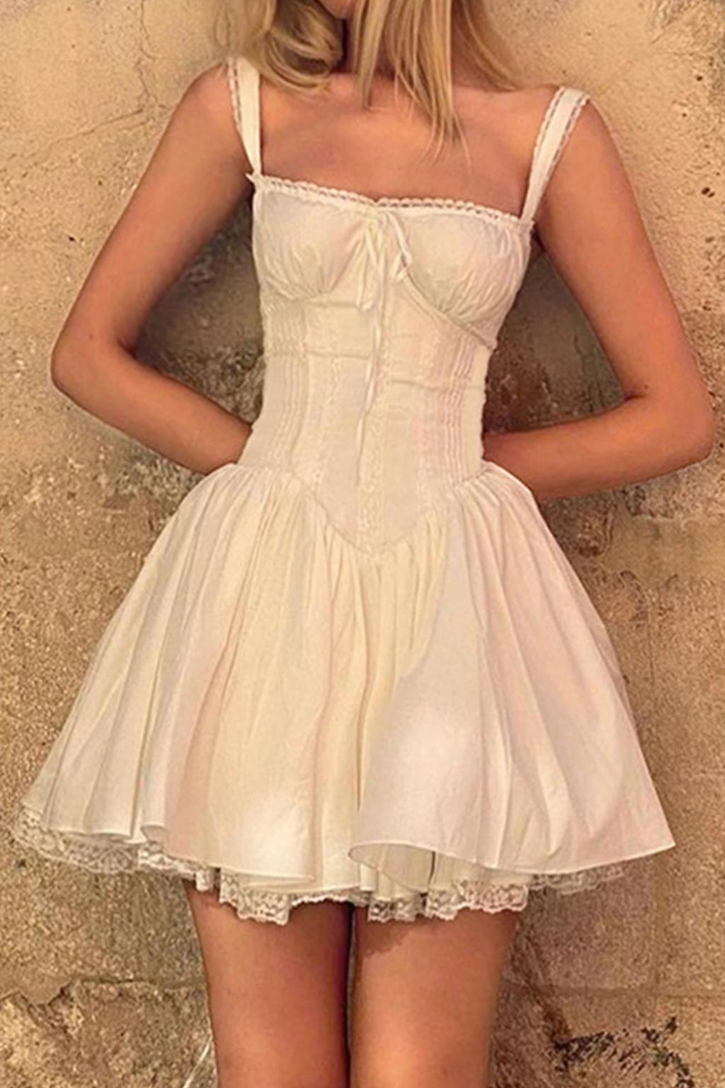 Lace Trim Corset Bodice Ruffle Strap Tiered Ruffle Hem Mini Dress