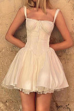 Lace Trim Corset Bodice Ruffle Strap Tiered Ruffle Hem Mini Dress