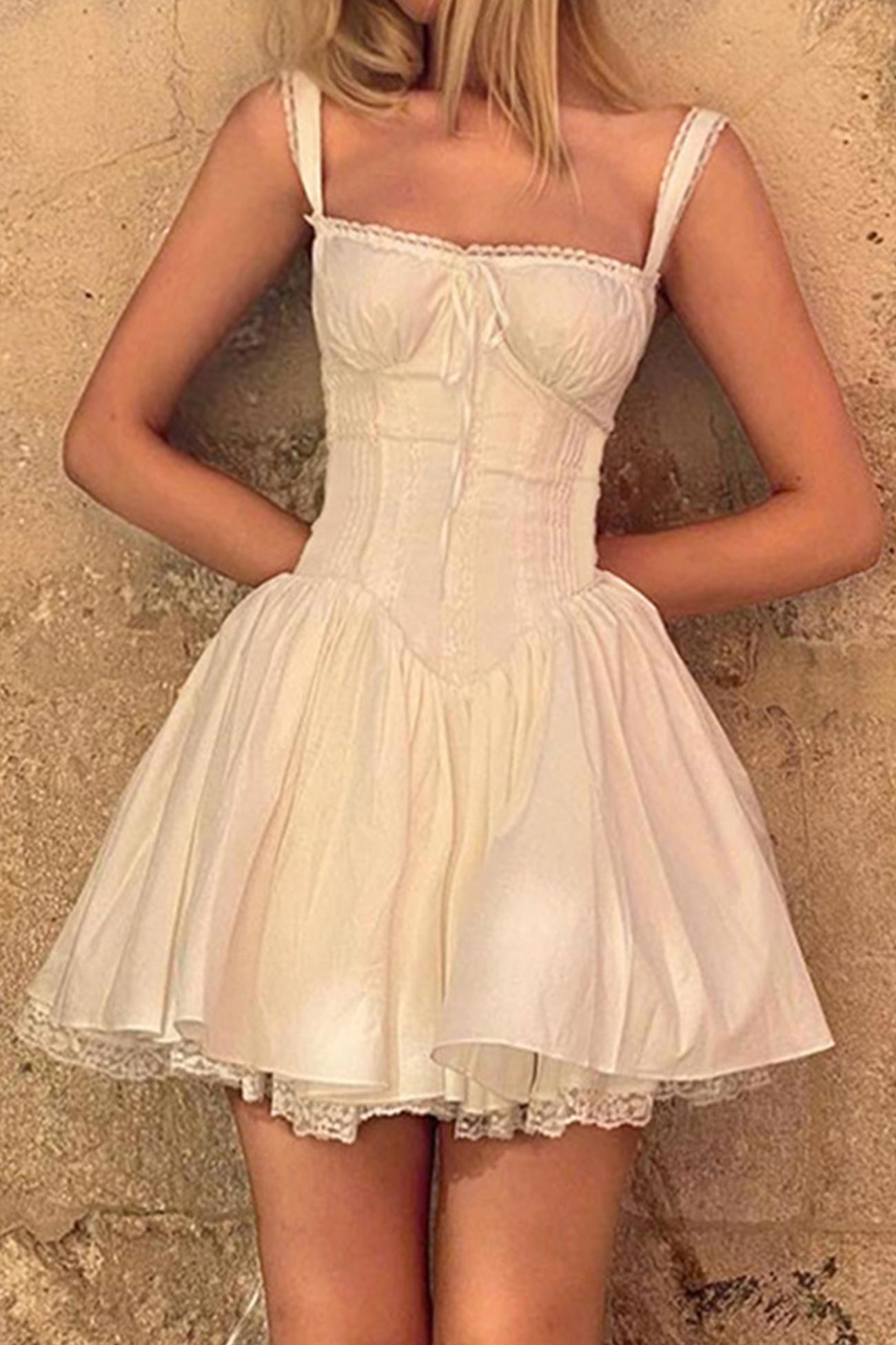Lace Trim Corset Bodice Ruffle Strap Tiered Ruffle Hem Mini Dress
